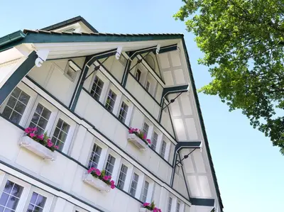 a tall white building with flowers on the windows at Hotel B&BAlpenheim in Teufen