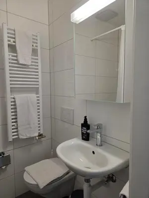 a white bathroom with a sink and a mirror at Hotel Salvi in Kreuzlingen