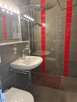 a bathroom with a toilet and a sink and a shower at Maisonette-Wohnung inmitten der Natur in Wald