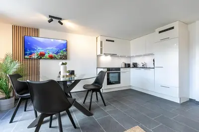 a kitchen and dining room with a table and chairs at book2stay - Apartments Spisertor in St. Gallen