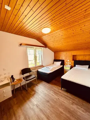 a bedroom with two beds and a wooden ceiling at Dreibettzimmer mit eigenem Bad und Seeblick in Heiden