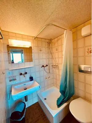 a bathroom with a tub and a sink and a toilet at Dreibettzimmer mit eigenem Bad und Seeblick in Heiden