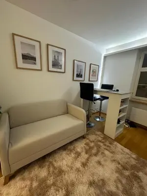 a living room with a couch and a desk at Hostel I Love Sg in St. Gallen