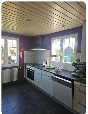 a kitchen with white appliances and purple walls and windows at Holzchalet mit Garten und Terrasse in Egnach