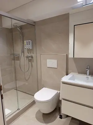 a bathroom with a shower and a toilet and a sink at Gästehaus Rossfall 424 - Self-Check-in in Urnäsch