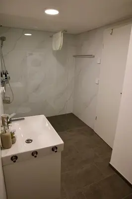 a bathroom with a white sink and a toilet at Louisa's Loft - Stilvolle & zentral gelegene Wohnung mit Whirlpool und Bergblick - Nahe Piste, Loipe und Wandergebiet im Toggenburg in Alt Sankt Johann