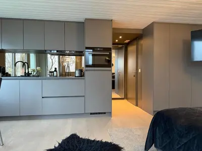 a kitchen with white cabinets and a stove at Luxus Studio Apartment am Bodensee in Güttingen