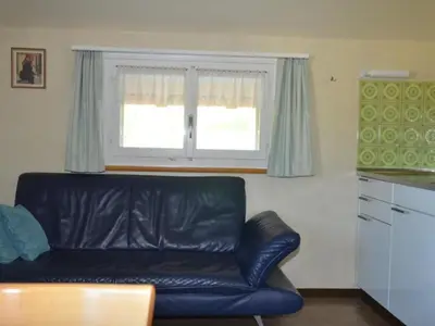 a living room with a leather couch and a window at Apartment Sutter in Brülisau bei Appenzell by Interhome in Brülisau
