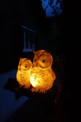 two owl lights sitting on a branch in the dark at Apartment Bijou by Interhome in Alt Sankt Johann