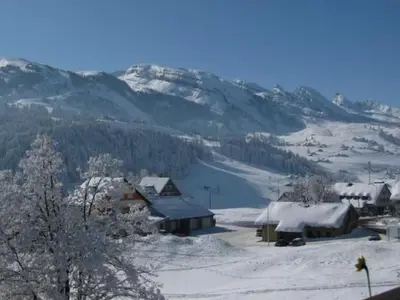 a village covered in snow with mountains in the background at Apartment Casa Uccello by Interhome in Wildhaus