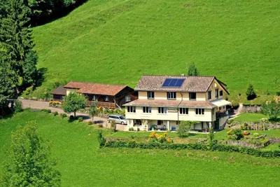 an aerial view of a house in a green field at Sonnmatt Bergpension & Gesundheitszentrum in Ebnat