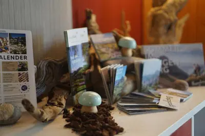 a counter with a table with mushrooms and other items at Naturnah und familienfreundlich in Degersheim