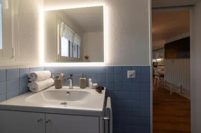 a bathroom with a sink and a mirror at Studio Muerner in Wildhaus
