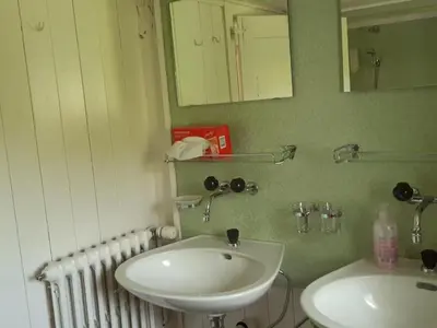 a bathroom with a sink and a mirror and a radiator at Holiday Home Frohheim by Interhome in Sankt Peterzell
