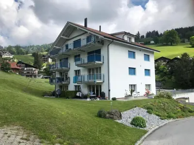 a large white house on a hill with a yard at Apartment Bergsicht by Interhome in Wildhaus