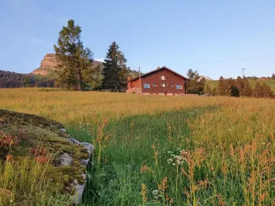 a field with a red house in the background at Holiday Home Oberguet by Interhome in Unterwasser