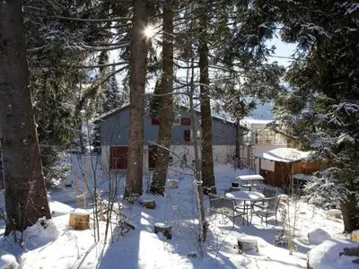 a snow covered yard with trees and a building at Holiday Home Befang 17 by Interhome in Wildhaus