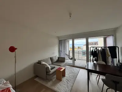 a living room with a couch and a table at Neues Studio am Bodensee in Arbon