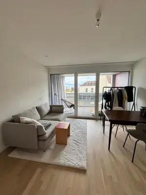 a living room with a couch and a table at Neues Studio am Bodensee in Arbon