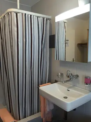 a bathroom with a sink and a shower curtain at Hotel Bahnhof in Uzwil