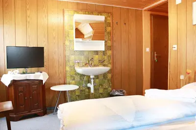 a bedroom with a bed and a sink and a television at Restaurant Blume in St. Gallen