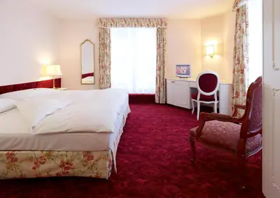 a hotel room with a bed and a desk and a chair at Hotel Mozart in Rorschach