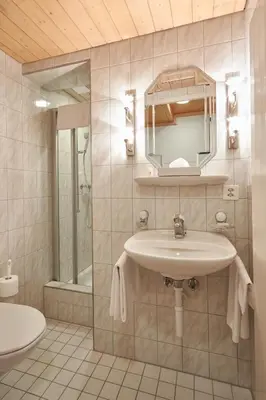 a bathroom with a sink and a mirror at Hotel & Spezialitätenrestaurant zur Linde in Teufen