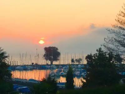 a sunset over a marina with boats in the water at Lakelodge Romanshorn in Romanshorn