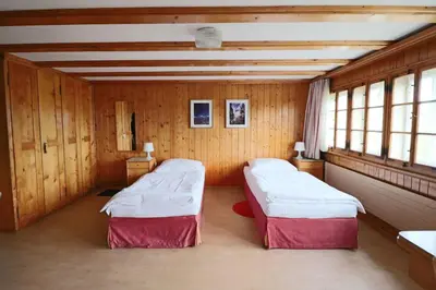 two beds in a room with wooden walls and windows at Hotel am Schönenbühl in Speicher