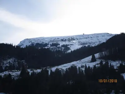 a snow covered mountain with trees in the foreground at Stofel 2078 in Unterwasser
