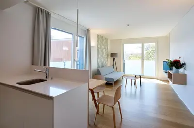 a kitchen with a sink and a living room at APPADU Appartements in St. Gallen
