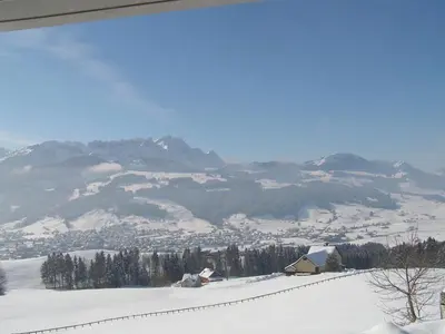 a snow covered field with a mountain in the background at Ferienstudio Familie Fässler-Dörig in Appenzell
