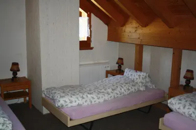 a bedroom with two beds and two tables with lamps at Hotel Restaurant Schönau in Wildhaus