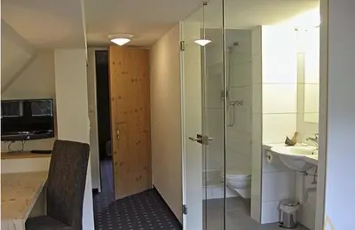 a bathroom with a shower and a toilet and a sink at Landgasthof Sternen in Bühler