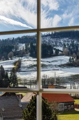 a window view of a snowy field from a house at Landgasthof Sternen in Bühler