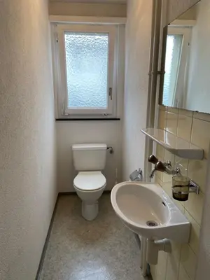a bathroom with a toilet and a sink and a window at Uze Apartments in Uzwil SG in Uzwil