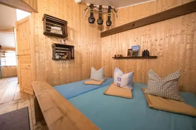 a room with four pillows on a blue bed at Hof-Tschannen in Lengwil