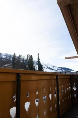 a balcony with snow covered mountains in the background at Chalet Schafberg in Wildhaus