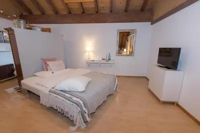 a bedroom with a bed and a flat screen tv at BnB Alpenblick in Lütisburg