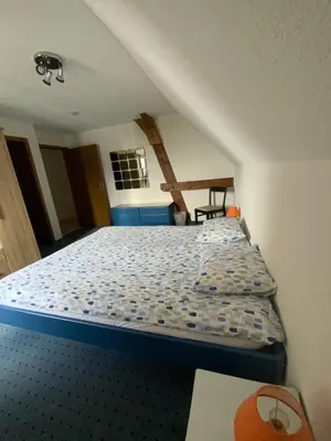 a bedroom with a bed with a blue comforter at Hotel Restaurant Pizzeria Rotes Haus in Landschlacht Gemeinde Münsterlingen