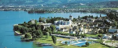 an aerial view of a city on the water at 3 Doppel Zimmer Apartement in 9320 Arbon in Arbon