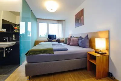 a bedroom with a large bed with a sink and a sink at Hotel Profis in Diepoldsau