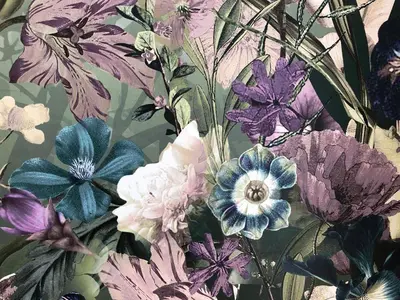 a floral pattern with purple and blue flowers at Hotel Profis in Diepoldsau