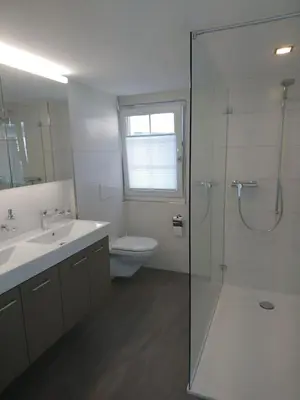a bathroom with a toilet and a sink and a shower at Zwinglis Ferienwohnung Klärli in Nesslau
