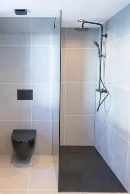 a shower with a black toilet in a bathroom at Säntisecho - in der Natur zu Hause in Urnäsch