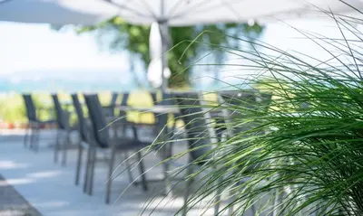 a breakfast buffet in a restaurant with bread and drinks at Hotel Restaurant Sokrates in Güttingen