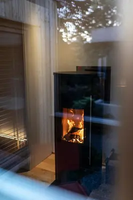 a fireplace in a living room with a fire at Logis Freyja in Landschlacht Gemeinde Münsterlingen