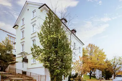 a tree on the side of a white building at VISIMO Apartments Felsenstrasse St Gallen - Elegant heritage building in a quiet neighbourhood in St. Gallen