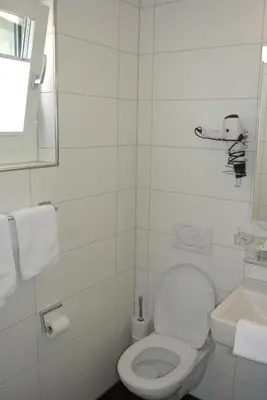 a white bathroom with a toilet and a sink at Hotel Garni Bären Bazenheid in Bazenheid