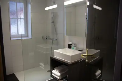 a white bathroom with a sink and a shower at Boutique City Hotel Gallo in St. Gallen